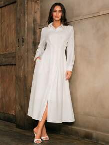 Anewsta Vestido camisa blanco de dama con cintura estilizada decorado con strass largos - Blanco - Ver 1