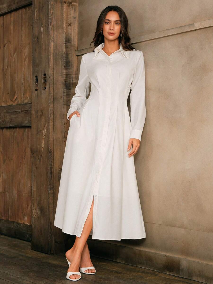 Anewsta Vestido camisa blanco de dama con cintura estilizada decorado con strass largos - Blanco - Ver 1