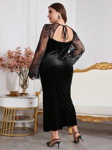 Modelyn Plus Size Women Contrast Lace Hollow Out Flared Sleeve Maxi Elegant Dress, Elegant Bodycon Dresses, For Evening Party/Wedding Guest/Anniversary Long Evening Dresses - Black - View 2