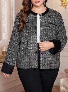 Lacomfia 大码纯色撞色贴片前扣休闲长袖夹克，优雅粗花呢外套，适合晚会/婚礼嘉宾/周年纪念