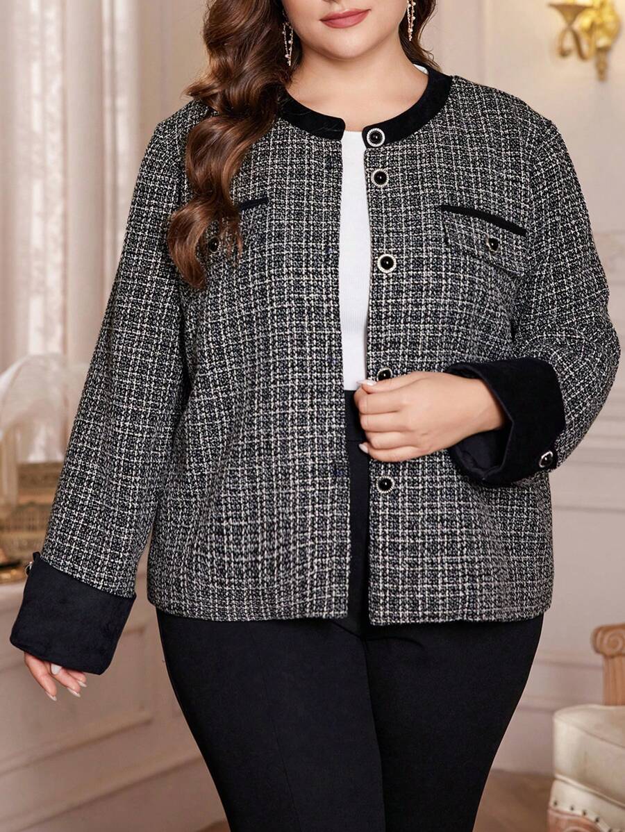 Lacomfia 大码纯色撞色贴片前扣休闲长袖夹克，优雅粗花呢外套，适合晚会/婚礼嘉宾/周年纪念