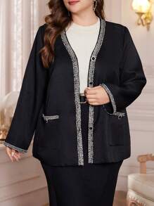 Lacomfia Plus Size Spring Autumn Casual Strap Patchwork Jacket, Elegant Tweed Coats, For Evening Party Formal/Wedding Guest/Anniversary Black - Black - View 1