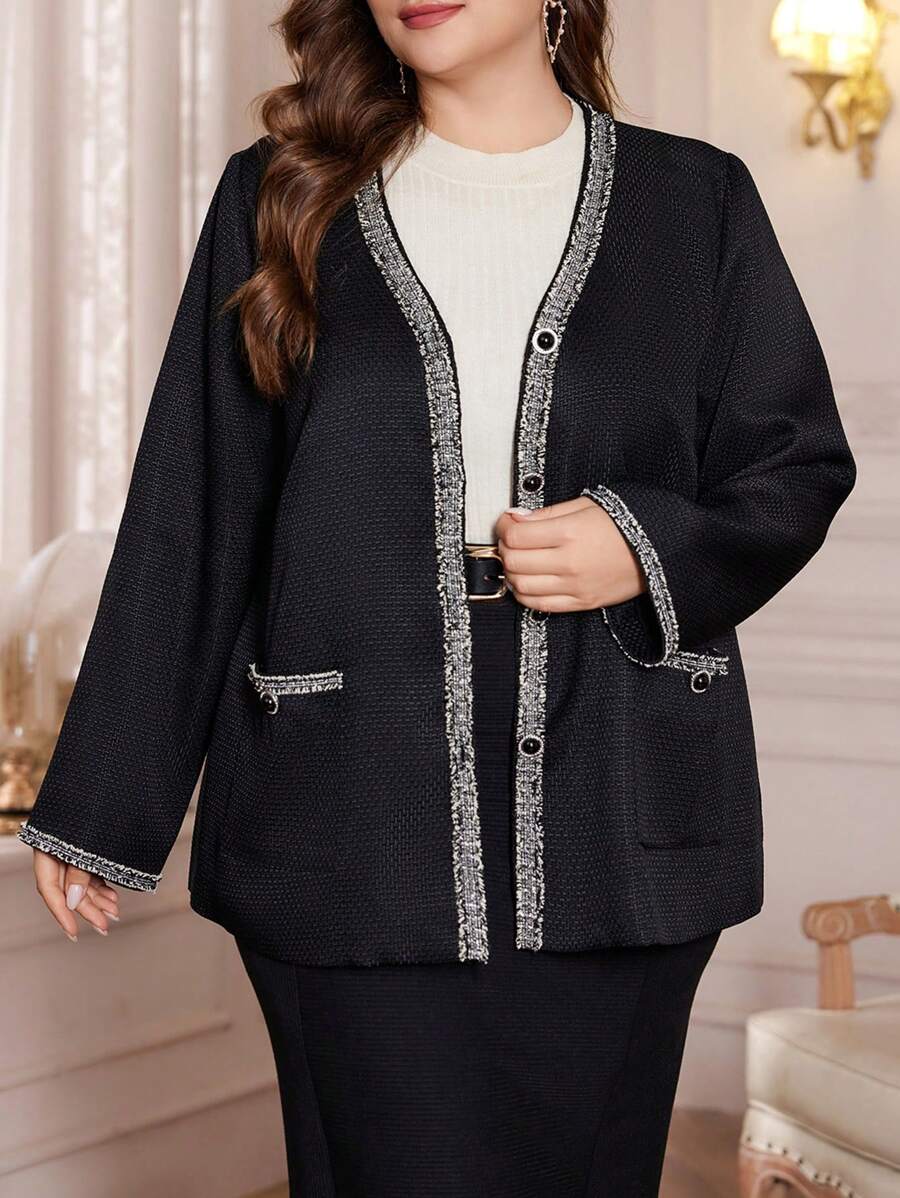 Lacomfia Plus Size Spring Autumn Casual Strap Patchwork Jacket, Elegant Tweed Coats, For Evening Party Formal/Wedding Guest/Anniversary Black - Black - View 1
