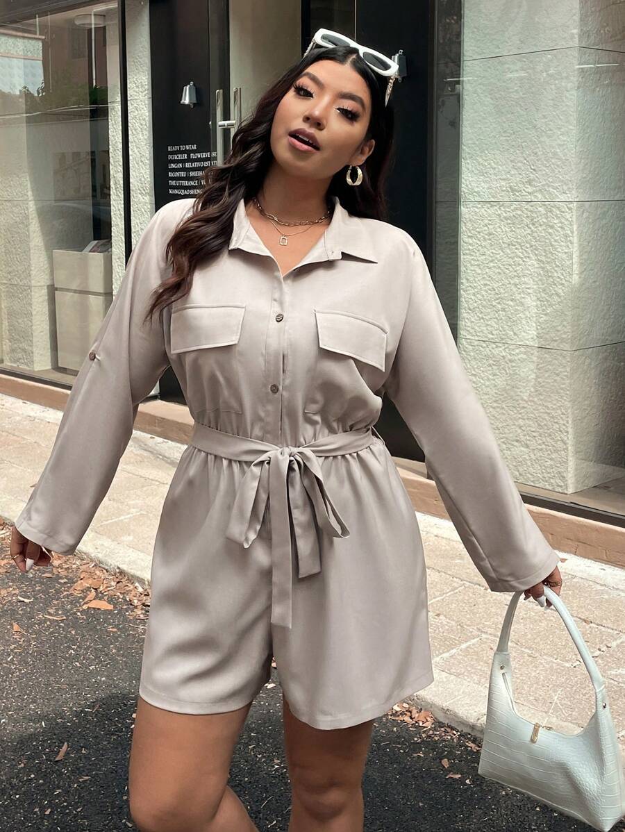 Flirla Plus Size Retro Casual Pocket Roll Sleeve Shirt-Style Belted Romper, Summer Fall Cloth For Women - Light Grey - View 1