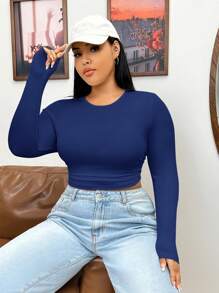 SHEIN EZwear Áo thun dệt kim gân xanh navy cỡ lớn ôm vừa vặn dành cho nữ - Xanh đậm - Xem 6