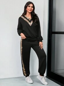 SHEIN LUNE Women Casual Leopard Contrast Color Sequin Oversized Sweatshirt And Sports Pants