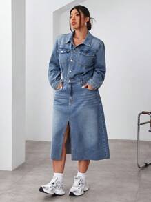 Plus Size Women's Long Sleeve Split Hem Casual Denim Dress, Spring/Summer - Medium Wash - View 4