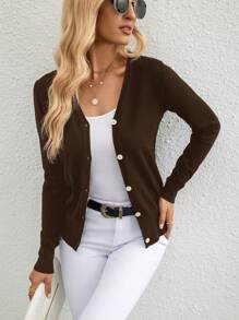 SHEIN Privé Cardigan court décontracté à manches longues et couleur unie pour femmes, automne/hiver - Marron - Voir 6
