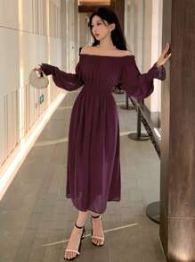 DAZY 女士露肩开衩纯色连衣裙，生日、新年、舞会等场合皆宜，优雅荷叶边设计，秋季长袖连衣裙，红色女士露肩长裙 - 酒紅色 - 查看 7