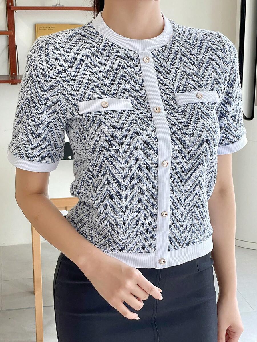 DAZY Color Block Front Button Faux Pocket Casual Crew Neck Short Sleeve Knit Sweater T-Shirt Summer - Blue - View 1