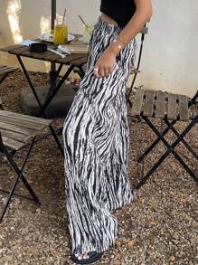 DAZY Women's Textured Fabric Zebra Print Straight Leg Elastic Waist Pants Boho,Ruffle - Black and White - View 2