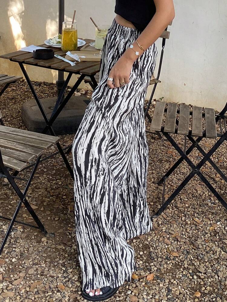 Women's Textured Fabric Zebra Print Straight Leg Elastic Waist Pants Boho,Ruffle