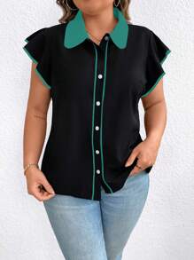 SHEIN Clasi Blusa negra holgada y elegante de manga corta con cuello de contraste para mujer de talla grande
