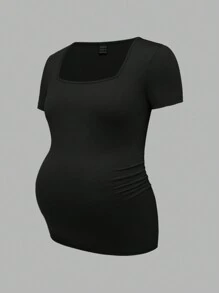 SHEIN 3pcs Maternity Casual Simple Black White & Gray Square Neck Short Sleeve Fitted Pregnancy Tops, Summer