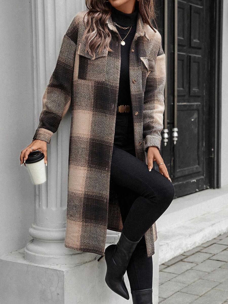 SHEIN LUNE Foldover Collar Button-Front Long Checkered Casual & Work Coat For Women - Multicolor - View 1