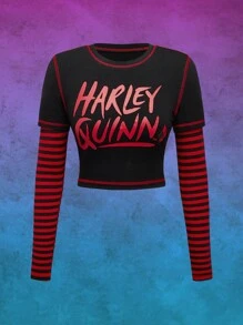 Harley Quinn | ROMWE 对比针脚字母印花条纹袖修身短款二合一 T 恤 - 黑色 - 查看 1
