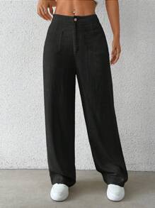 SHEIN EZwear 黑色编织亚麻休闲宽松女裤 - 黑色 - 查看 4