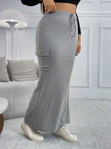 SHEIN EZwear Váy dài thường ngày có túi hộp màu trơn cỡ lớn cho nữ - Xám - Xem 3