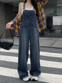 DAZY 女式纯色口袋休闲无袖牛仔连体裤 - 深色水洗藍 - 查看 5