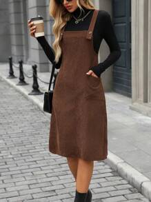 SHEIN LUNE Solid Color Thick Strap Sleeveless Mid-Length Dress, Autumn/Winter Corduroy Women Outfit