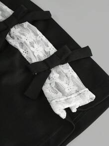 Teen Girl Elegant High Waist Lace Patchwork Flared Pants With Bow Detail, Fashion Sweet Flare Leg Trousers - Black - View 5