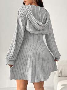 SHEIN EZwear 大码黑色罗纹连帽运动衫连衣裙休闲两件套服装，初秋 - 淺灰色 - 查看 2