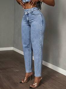 Slaydiva Jeans rectos con pernera entallada, parche de bolsillo y cintura asimétrica para mujeres