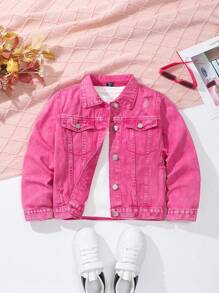 Tween Girl Boho Casual Street Medium Wash Ripped Destroy Denim Jacket, Daily Fashion - Pink - View 1