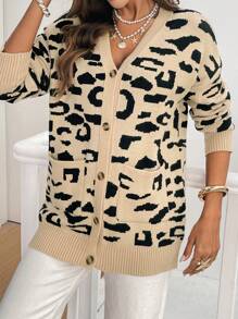 SHEIN Frenchy Women's Loose Drop Shoulder Leopard Print Cardigan,French Leopard Print Mid-Length Long Sleeve Warm Cardigan Sweater Winter Casual - Apricot - View 4