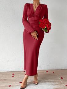 Firerie 女士纯色 V 领灯笼袖鱼尾下摆优雅连衣裙 - 紅色 - 查看 6