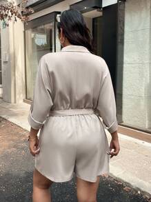 Flirla Plus Size Retro Casual Pocket Roll Sleeve Shirt-Style Belted Romper, Summer Fall Cloth For Women - Light Grey - View 3