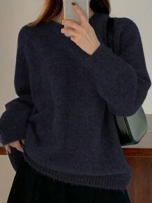 DAZY Suéter holgado de unicolor con cuello redondo y manga larga para mujer, otoño/invierno, tops de manga larga, ropa de mujer de otoño