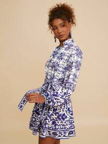 Travachic Blue & White Flower Printed With Long Sleeves Women's  Dress,Fall Women Dresses,Fall Women Clothes,Long Sleeve, - Blue and White - View 4