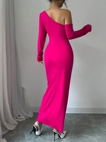 Rafferiza 女式不对称领子拼布褶皱腰收腰修身长袖优雅连衣裙长款女装 - 玫紅色 - 查看 2