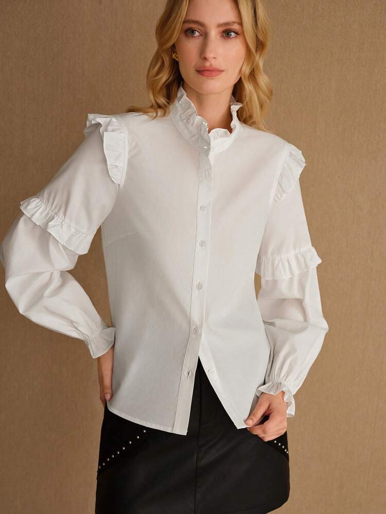 SOLID FRILL MOCK NECK RUFFLE TRIM FLARE SLEEVE BLOUSE