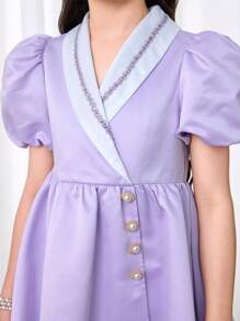 SHEIN Leap Crew 少女合身休闲撞色领蝴蝶结装饰纽扣西装领泡泡袖连衣裙 - 淡紫色 - 查看 7