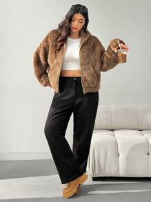 SHEIN EZwear Plus Size Reversible Hooded Jacket, For Winter - Khaki - View 6