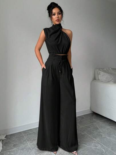 Firerie 2pcs Women's Turtleneck Sleeveless Top And Wide-Leg Pants Set