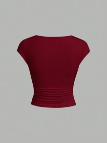 SHEIN Essnce 2 件 V 领褶皱腰休闲修身女式 T 恤 - 酒紅色 - 查看 6