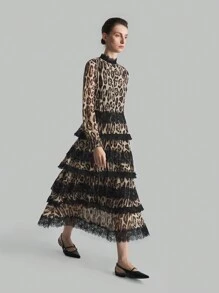 Ontre Vestido elegante de dama para cóctel de manga larga con mezcla de estampado de leopardo marrón y volantes de manga larga negra de gasa