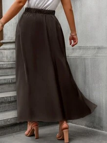 SHEIN Unity Plus Size Satin Elegant Women Skirt Maxi Women - Coffee Brown - View 2