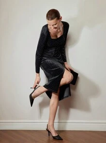 MOTF PREMIUM VELVET SQUARE NECK RUCHED FRONT RHINESTONE MIDI DRESS WITHOUT BELT - Black - View 7