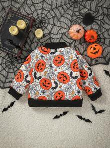 SHEIN Infant/Toddler Halloween Pumpkin Print Zip-Up Long Sleeve Jacket For Baby Boys/Girls, Autumn/Winter - Multicolor - View 2