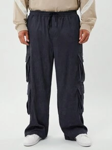 Manfinity NXTstreet Plus Size Men's Casual Corduroy Mid-Waist Drawstring Multi-Pocket Cargo Pants