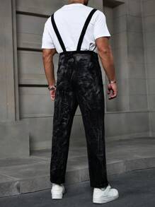 Manfinity Homme 男式褪色蓝色复古水洗修身背带工装裤 - 深色水洗藍 - 查看 2