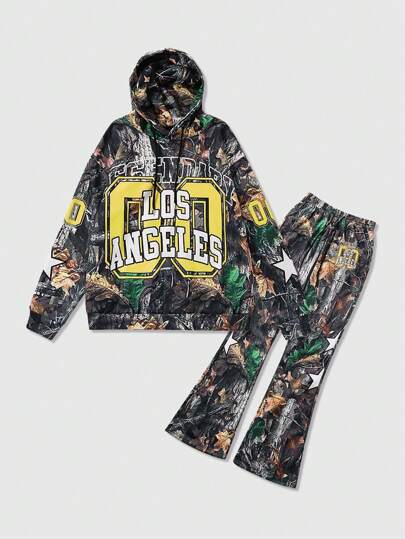 Street Life طقم رجالي بسدادة حلقية ، بنطلون رياضي مُجَمل بطبعة الكاموفلاج قطعتان