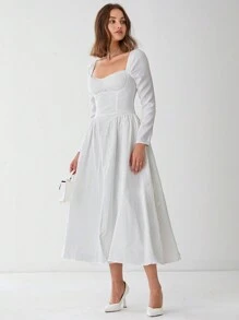 Enchnt 女士纯色心形领长袖优雅连衣裙，春夏 - 白色 - 查看 5