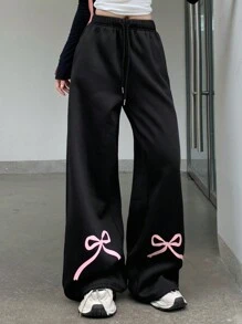 DAZY 女士弹力腰带蝴蝶印花直筒宽松运动裤，带保暖内衬 - 黑色 - 查看 11