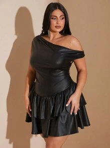 SHEIN BAE Abito mini in pelle PU nera asimmetrico con una spalla, plissettato e arricciato a volant, elegante e dolce, adatto per feste di Ognissanti e appuntamenti romantici. Abito nero per il ballo di fine anno. - nero - Visualizzare 3