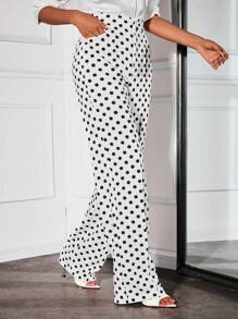 SHEIN SXY Pantalones rectos elegantes con estampado de lunares negros y blancos para mujeres - Blanco y Negro - Ver 3
